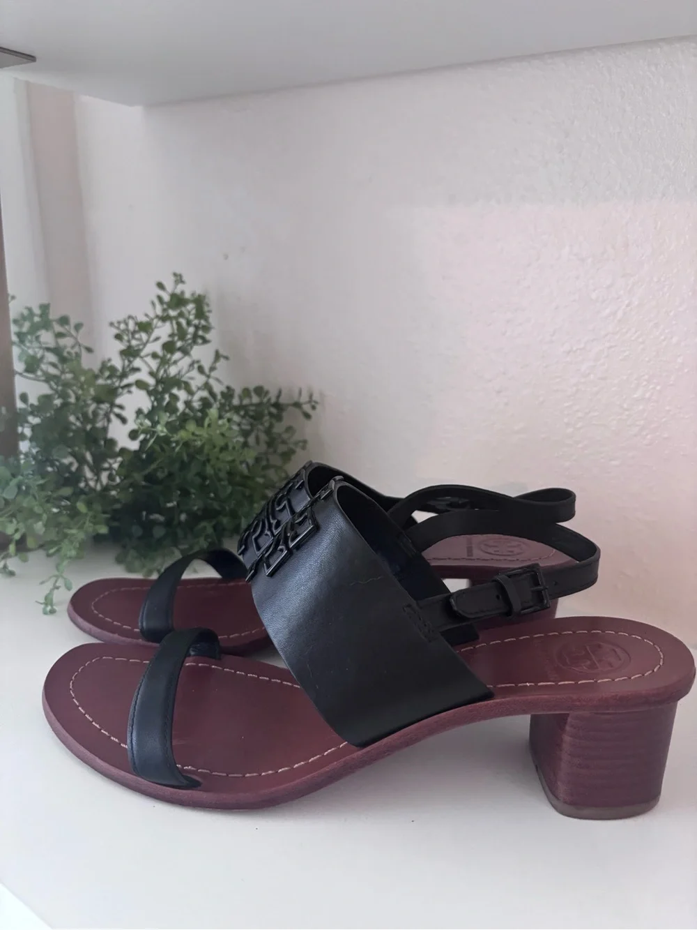 Tory Burch Black Leather Slingback Block Heel Sandals